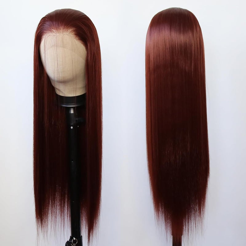 BTWTRY Reddish Brown Synthetic Lace Front Wig Long Straight Auburn Brown Lace Front Synthetic Wig Pre Plucked Natural Hairline Glueless Heat Resistant Fiber Hair Wig for Fashion Women (Reddish Brown) - Image 5